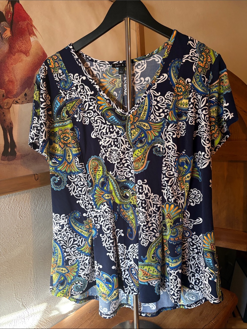 Sami & Jo Navy Paisley V-Neck Short Sleeve Blouse